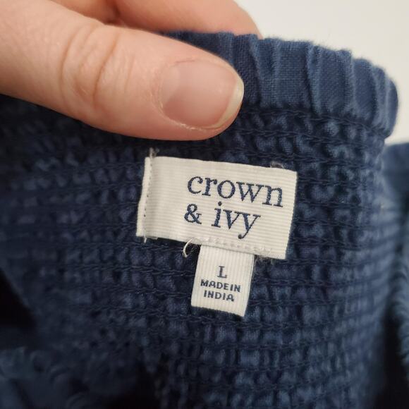 Crown & Ivy Pants Womens Large Blue Linen Wide Leg Elastic Waist Pull On Casual - Picture 3 of 8